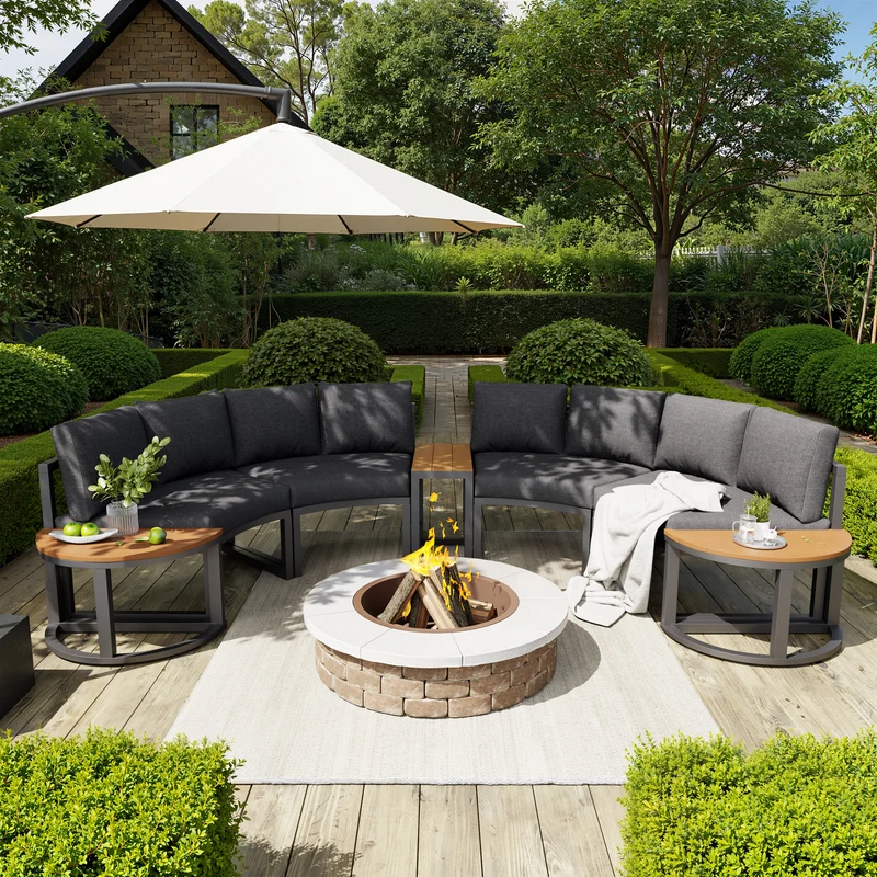 Salon de jardin 4-6 personnes gris modulable avec 3 tables basses et coussins INFINITEMORN