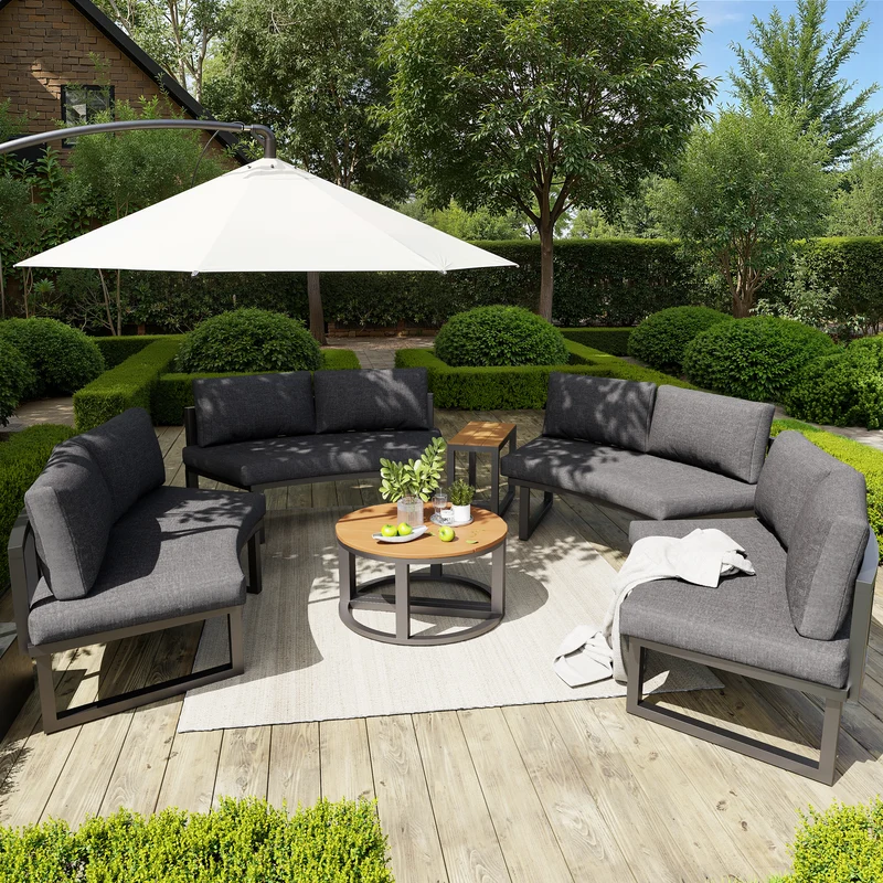 Salon de jardin 4-6 personnes gris modulable avec 3 tables basses et coussins INFINITEMORN