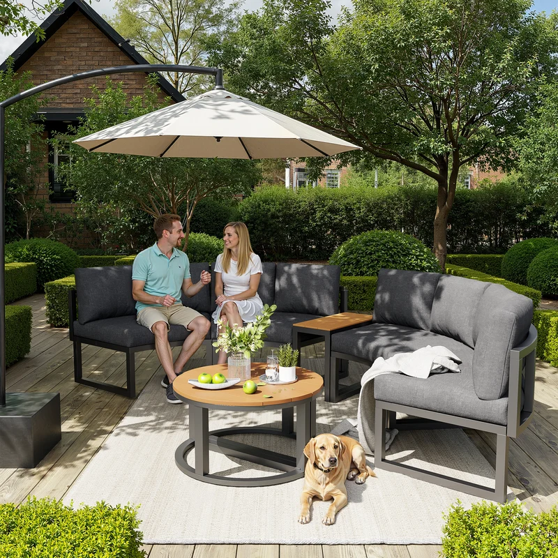 Salon de jardin 4-6 personnes gris modulable avec 3 tables basses et coussins INFINITEMORN