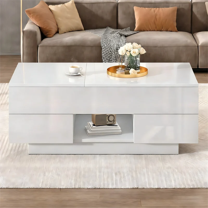 Table basse relevable blanc brillant 2 tiroirs avec LED 100x45x43cm QUASARTHAL