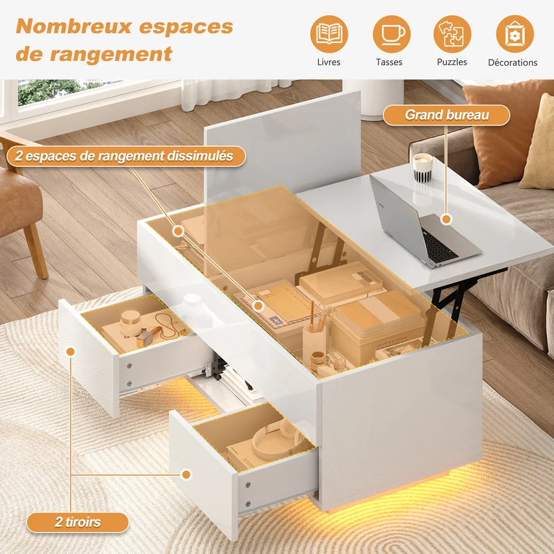 Table basse relevable blanc brillant 2 tiroirs avec LED 100x45x43cm QUASARTHAL