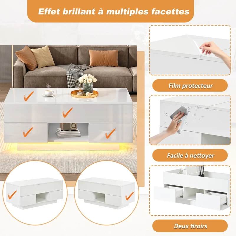 Table basse relevable blanc brillant 2 tiroirs avec LED 100x45x43cm QUASARTHAL