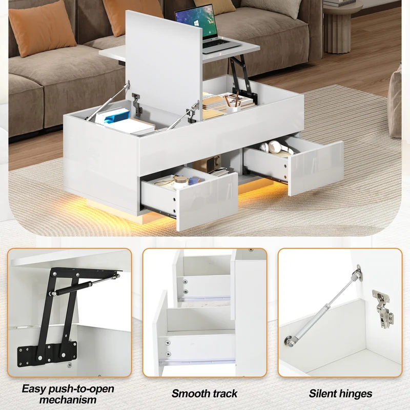 Table basse relevable blanc brillant 2 tiroirs avec LED 100x45x43cm QUASARTHAL