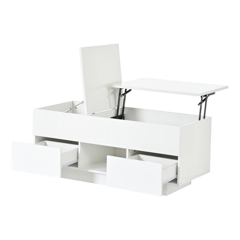 Table basse relevable blanc brillant 2 tiroirs avec LED 100x45x43cm QUASARTHAL