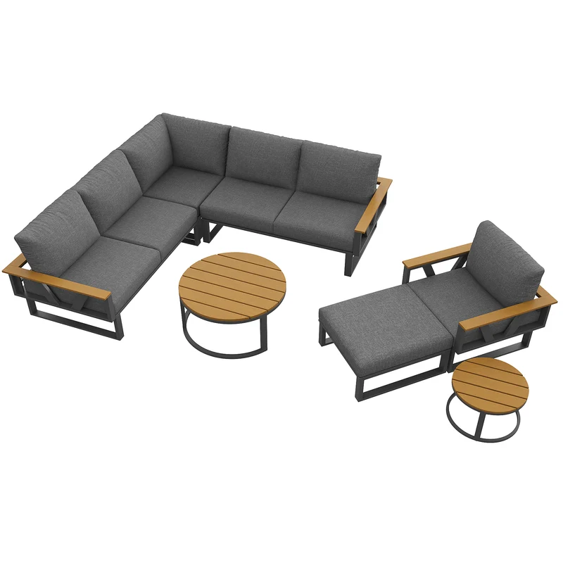 Salon de jardin 6-7 personnes modulable extérieur gris/beige, 2 tables basse gigognes roundes effet bois, coussins 9cm QUASARAPEX
