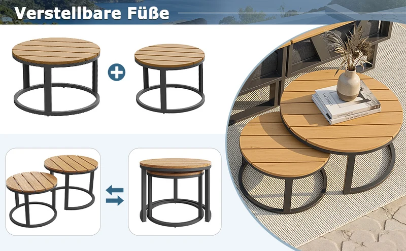 Salon de jardin 6-7 personnes modulable extérieur gris/beige, 2 tables basse gigognes roundes effet bois, coussins 9cm QUASARAPEX
