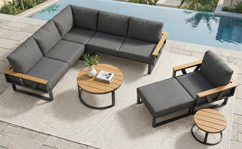 Salon de jardin 6-7 personnes modulable extérieur gris/beige, 2 tables basse gigognes roundes effet bois, coussins 9cm QUASARAPEX