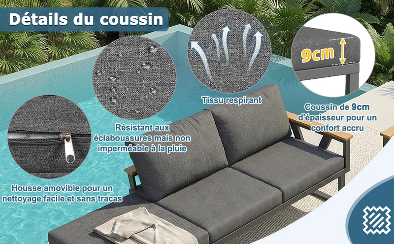 Salon de jardin 6-7 personnes modulable extérieur gris/beige, 2 tables basse gigognes roundes effet bois, coussins 9cm QUASARAPEX