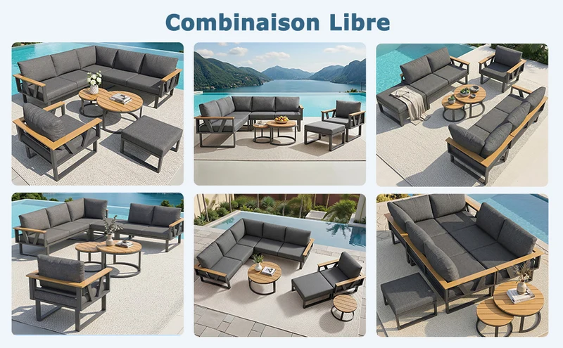 Salon de jardin 6-7 personnes modulable extérieur gris/beige, 2 tables basse gigognes roundes effet bois, coussins 9cm QUASARAPEX