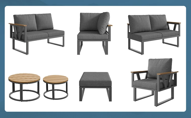 Salon de jardin 6-7 personnes modulable extérieur gris/beige, 2 tables basse gigognes roundes effet bois, coussins 9cm QUASARAPEX