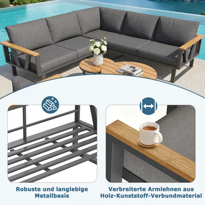 Salon de jardin 6-7 personnes modulable extérieur gris/beige, 2 tables basse gigognes roundes effet bois, coussins 9cm QUASARAPEX
