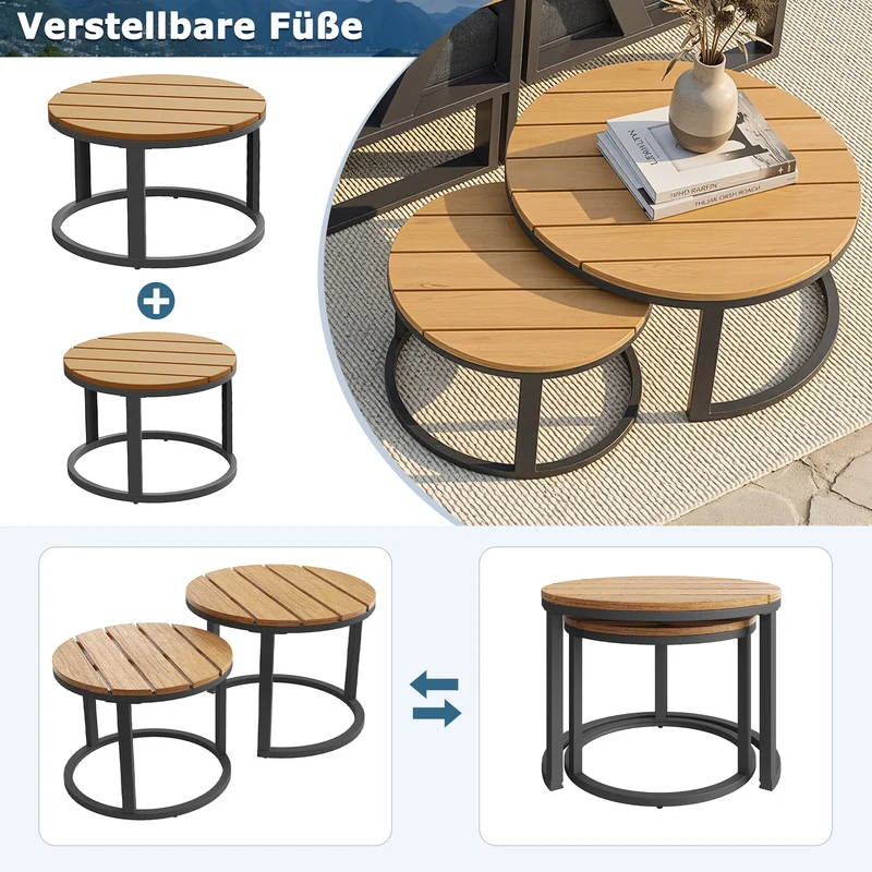 Salon de jardin 6-7 personnes modulable extérieur gris/beige, 2 tables basse gigognes roundes effet bois, coussins 9cm QUASARAPEX