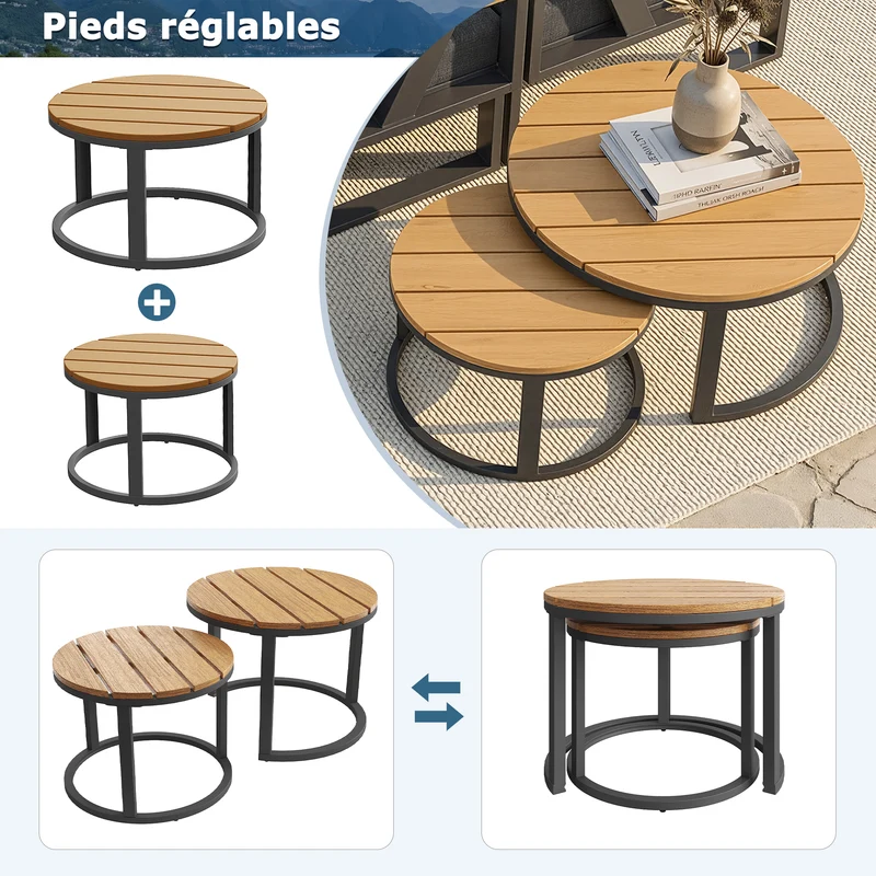 Salon de jardin 6-7 personnes modulable extérieur gris/beige, 2 tables basse gigognes roundes effet bois, coussins 9cm QUASARAPEX