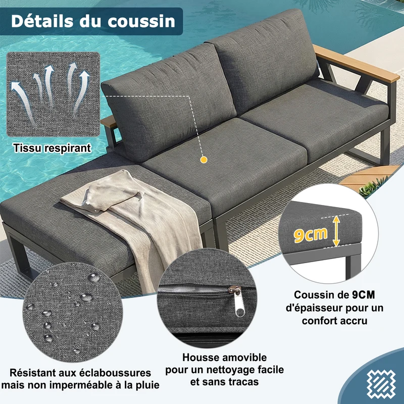 Salon de jardin 6-7 personnes modulable extérieur gris/beige, 2 tables basse gigognes roundes effet bois, coussins 9cm QUASARAPEX