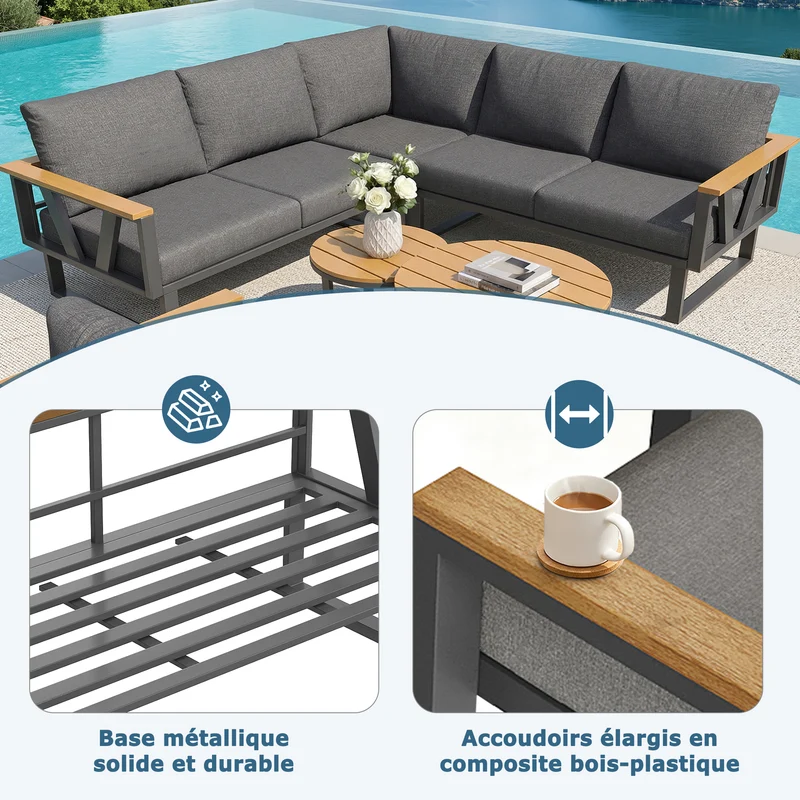 Salon de jardin 6-7 personnes modulable extérieur gris/beige, 2 tables basse gigognes roundes effet bois, coussins 9cm QUASARAPEX
