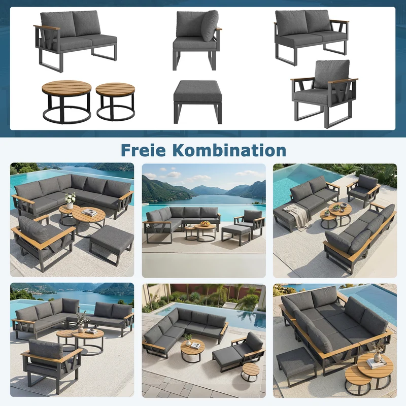 Salon de jardin 6-7 personnes modulable extérieur gris/beige, 2 tables basse gigognes roundes effet bois, coussins 9cm QUASARAPEX