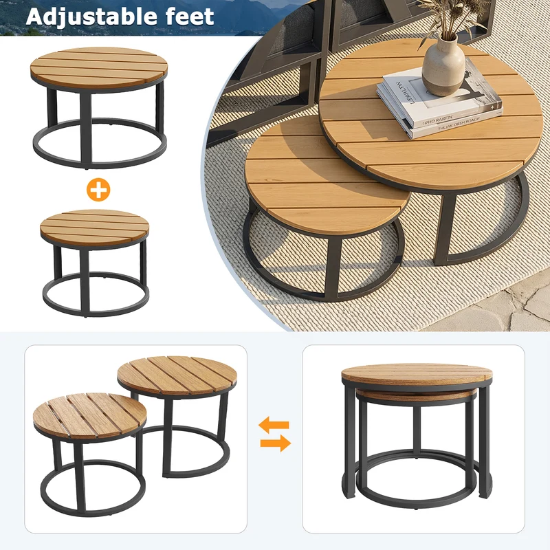 Salon de jardin 6-7 personnes modulable extérieur gris/beige, 2 tables basse gigognes roundes effet bois, coussins 9cm QUASARAPEX