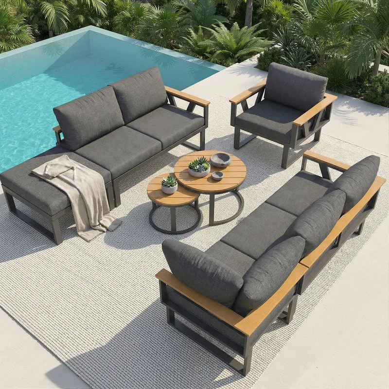 Salon de jardin 6-7 personnes modulable extérieur gris/beige, 2 tables basse gigognes roundes effet bois, coussins 9cm QUASARAPEX