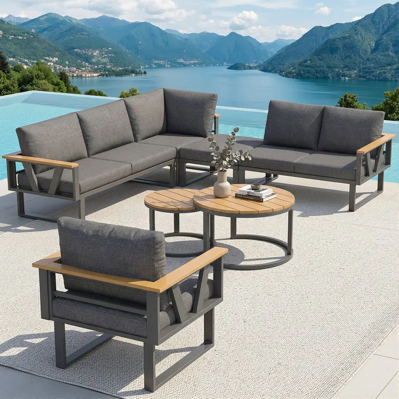 Salon de jardin 6-7 personnes modulable extérieur gris/beige, 2 tables basse gigognes roundes effet bois, coussins 9cm QUASARAPEX