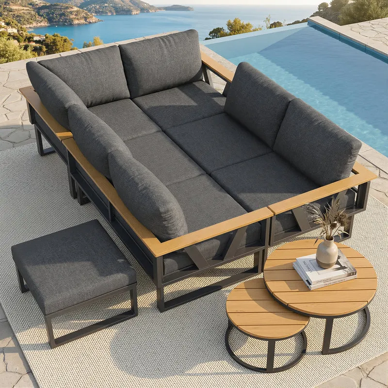 Salon de jardin 6-7 personnes modulable extérieur gris/beige, 2 tables basse gigognes roundes effet bois, coussins 9cm QUASARAPEX