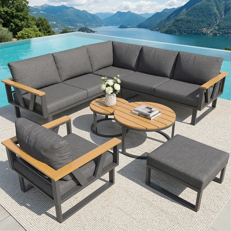 Salon de jardin 6-7 personnes modulable extérieur gris/beige, 2 tables basse gigognes roundes effet bois, coussins 9cm QUASARAPEX