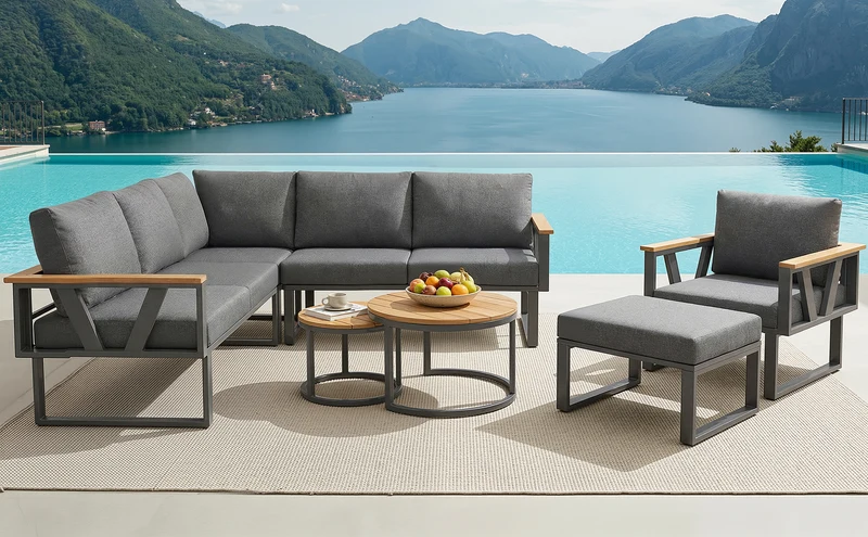 Salon de jardin 6-7 personnes modulable extérieur gris/beige, 2 tables basse gigognes roundes effet bois, coussins 9cm QUASARAPEX