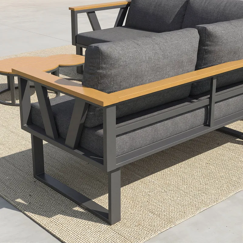 Salon de jardin 6-7 personnes modulable extérieur gris/beige, 2 tables basse gigognes roundes effet bois, coussins 9cm QUASARAPEX