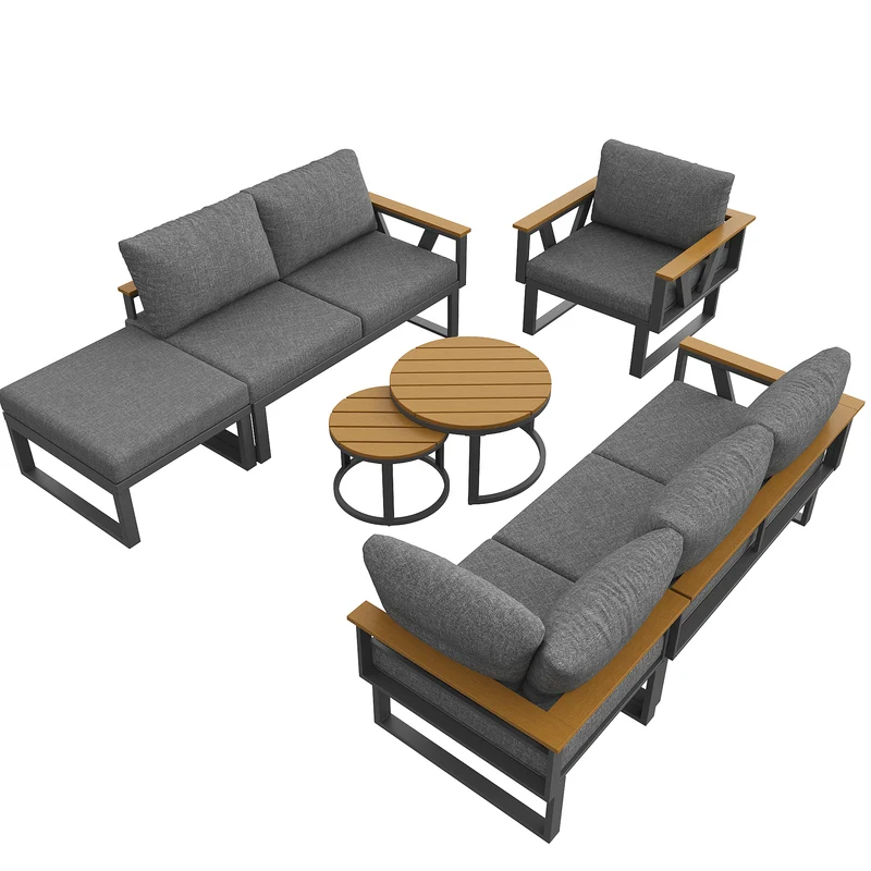 Salon de jardin 6-7 personnes modulable extérieur gris/beige, 2 tables basse gigognes roundes effet bois, coussins 9cm QUASARAPEX