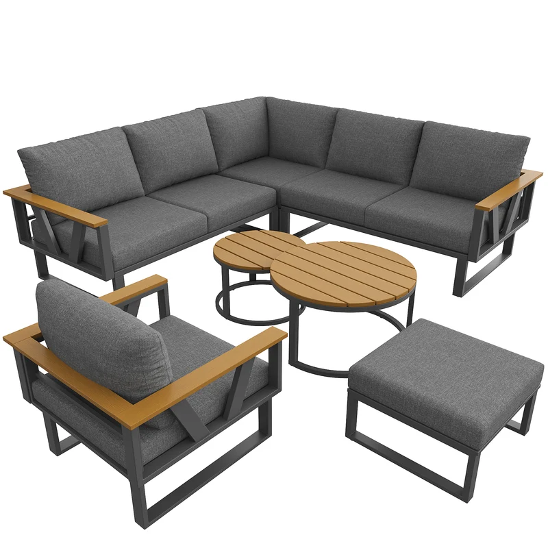 Salon de jardin 6-7 personnes modulable extérieur gris/beige, 2 tables basse gigognes roundes effet bois, coussins 9cm QUASARAPEX