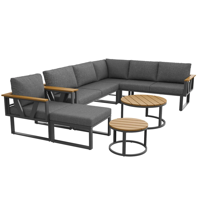 Salon de jardin 6-7 personnes modulable extérieur gris/beige, 2 tables basse gigognes roundes effet bois, coussins 9cm QUASARAPEX