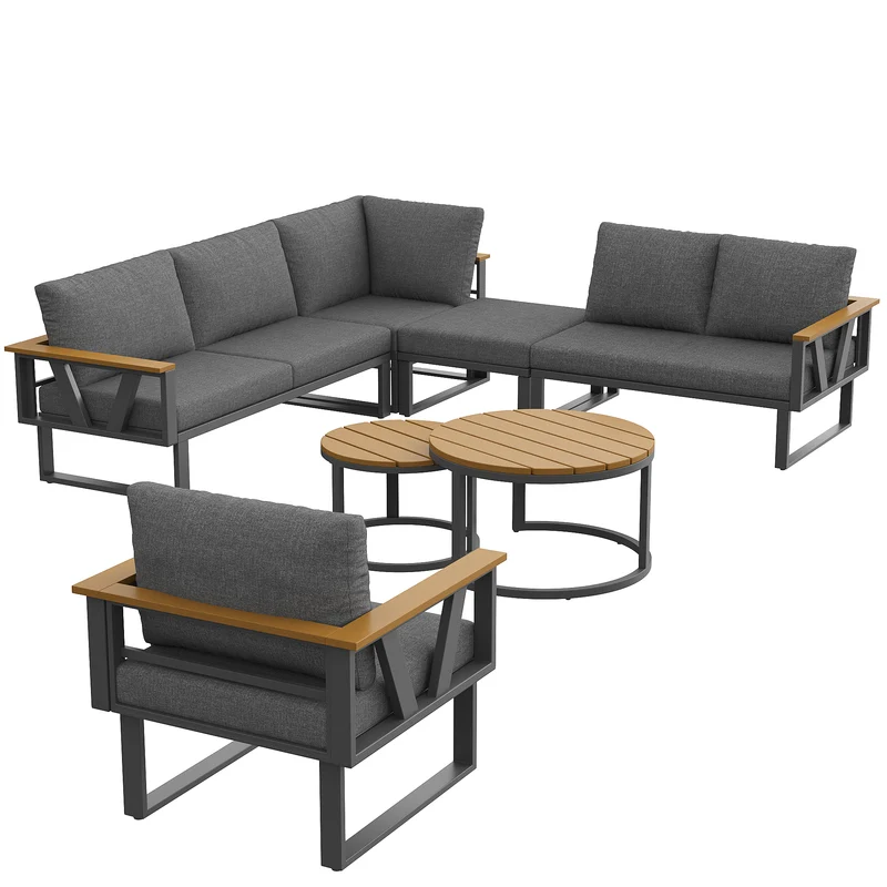 Salon de jardin 6-7 personnes modulable extérieur gris/beige, 2 tables basse gigognes roundes effet bois, coussins 9cm QUASARAPEX