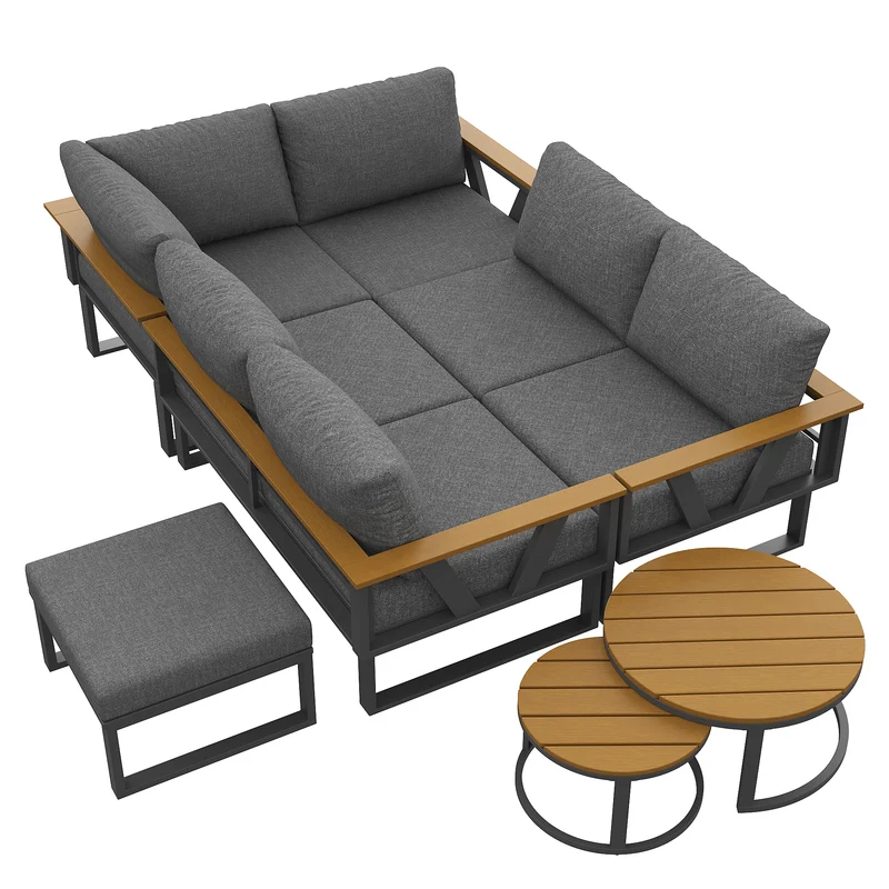 Salon de jardin 6-7 personnes modulable extérieur gris/beige, 2 tables basse gigognes roundes effet bois, coussins 9cm QUASARAPEX