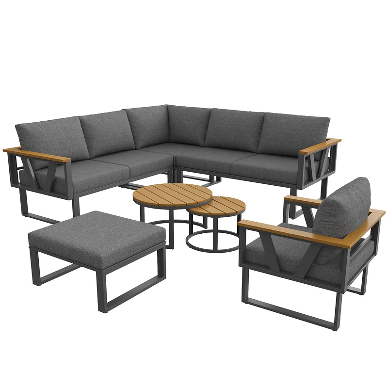 Salon de jardin 6-7 personnes modulable extérieur gris/beige, 2 tables basse gigognes roundes effet bois, coussins 9cm QUASARAPEX