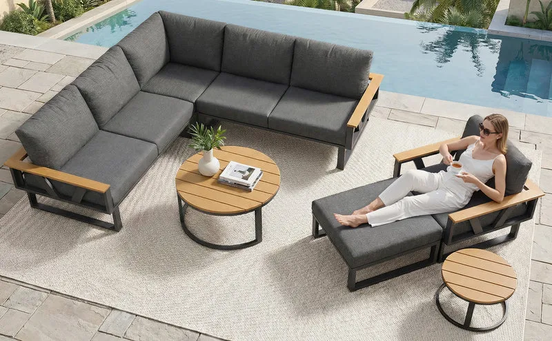 Salon de jardin 6-7 personnes modulable extérieur gris/beige, 2 tables basse gigognes roundes effet bois, coussins 9cm QUASARAPEX
