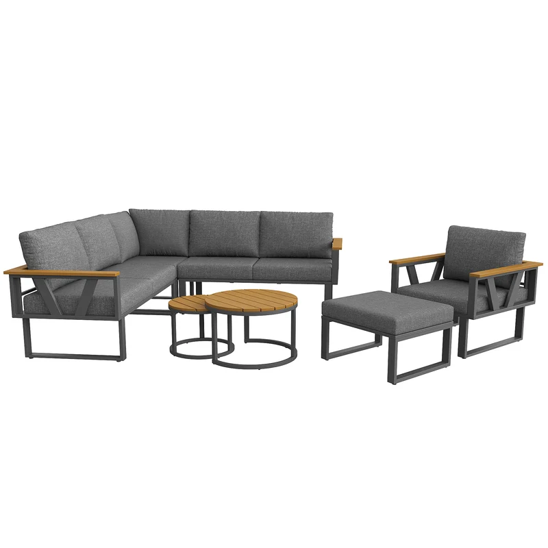Salon de jardin 6-7 personnes modulable extérieur gris/beige, 2 tables basse gigognes roundes effet bois, coussins 9cm QUASARAPEX