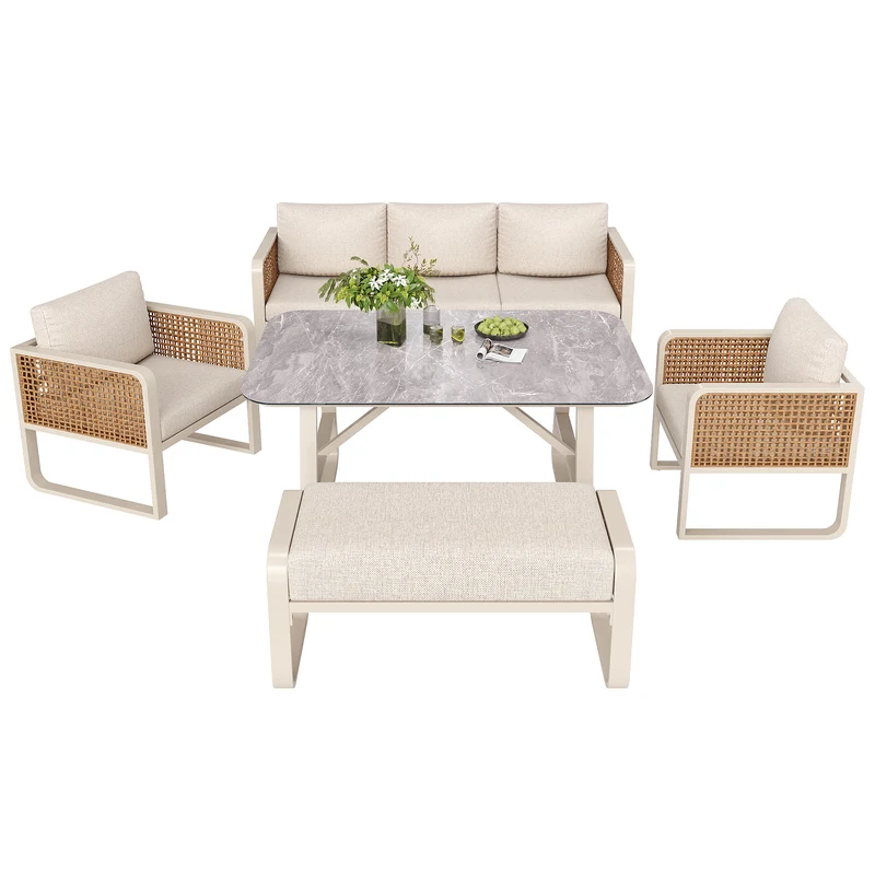 Salon de jardin 6-7 personnes en rotin PE beige modulable et table basse effet marbre gris avec coussins lavables INFINITEVAEL