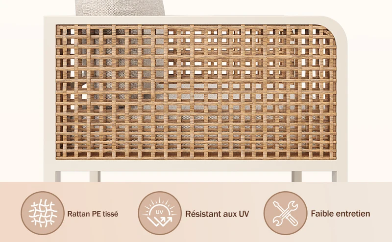Salon de jardin 6-7 personnes en rotin PE beige modulable et table basse effet marbre gris avec coussins lavables INFINITEVAEL