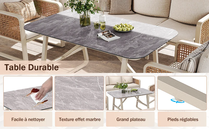 Salon de jardin 6-7 personnes en rotin PE beige modulable et table basse effet marbre gris avec coussins lavables INFINITEVAEL