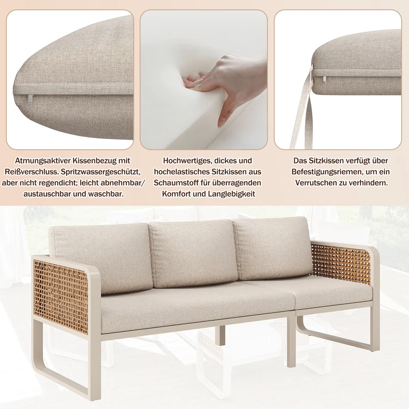 Salon de jardin 6-7 personnes en rotin PE beige modulable et table basse effet marbre gris avec coussins lavables INFINITEVAEL