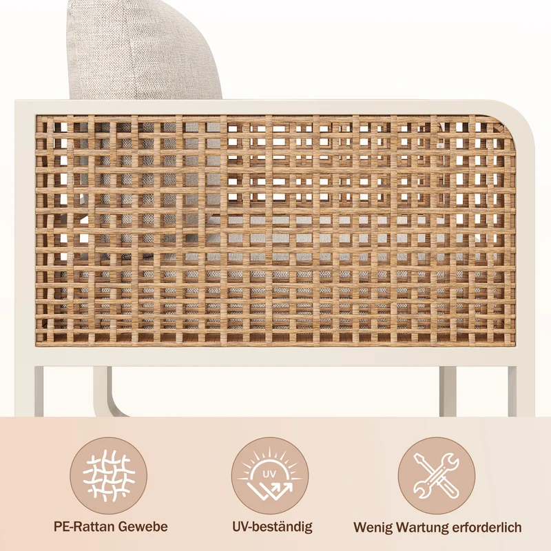 Salon de jardin 6-7 personnes en rotin PE beige modulable et table basse effet marbre gris avec coussins lavables INFINITEVAEL
