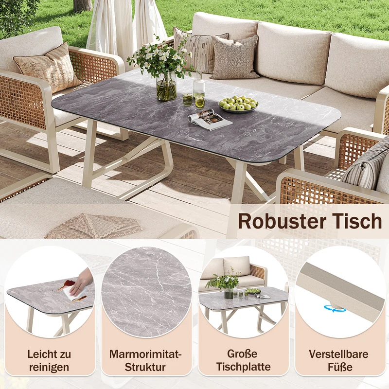 Salon de jardin 6-7 personnes en rotin PE beige modulable et table basse effet marbre gris avec coussins lavables INFINITEVAEL