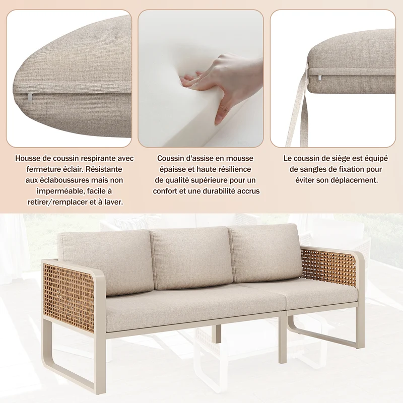 Salon de jardin 6-7 personnes en rotin PE beige modulable et table basse effet marbre gris avec coussins lavables INFINITEVAEL