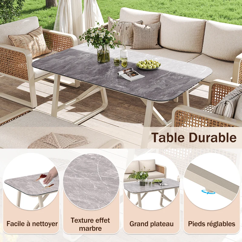 Salon de jardin 6-7 personnes en rotin PE beige modulable et table basse effet marbre gris avec coussins lavables INFINITEVAEL