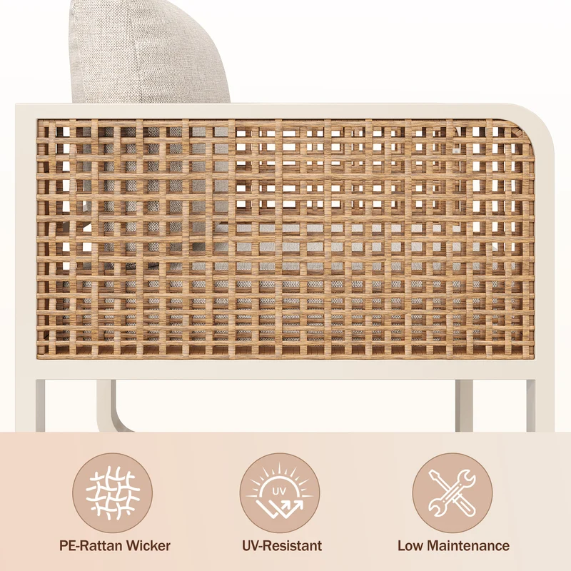 Salon de jardin 6-7 personnes en rotin PE beige modulable et table basse effet marbre gris avec coussins lavables INFINITEVAEL