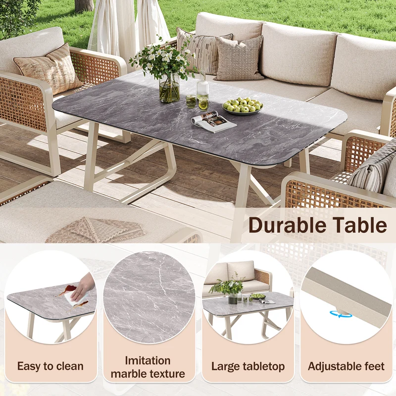 Salon de jardin 6-7 personnes en rotin PE beige modulable et table basse effet marbre gris avec coussins lavables INFINITEVAEL