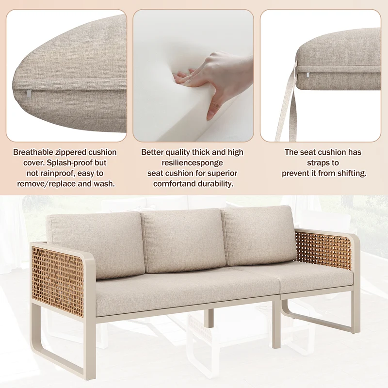 Salon de jardin 6-7 personnes en rotin PE beige modulable et table basse effet marbre gris avec coussins lavables INFINITEVAEL