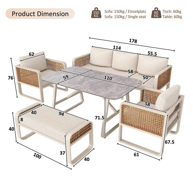 Salon de jardin 6-7 personnes en rotin PE beige modulable et table basse effet marbre gris avec coussins lavables INFINITEVAEL