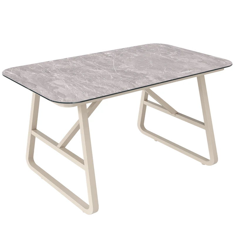 Salon de jardin 6-7 personnes en rotin PE beige modulable et table basse effet marbre gris avec coussins lavables INFINITEVAEL