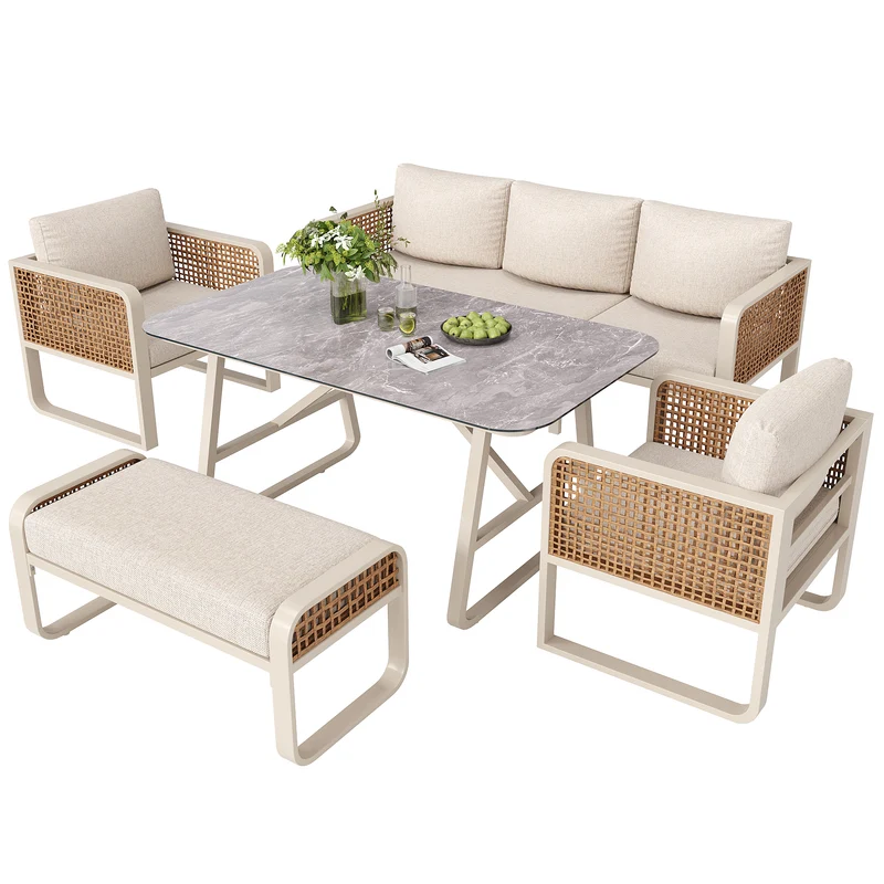 Salon de jardin 6-7 personnes en rotin PE beige modulable et table basse effet marbre gris avec coussins lavables INFINITEVAEL