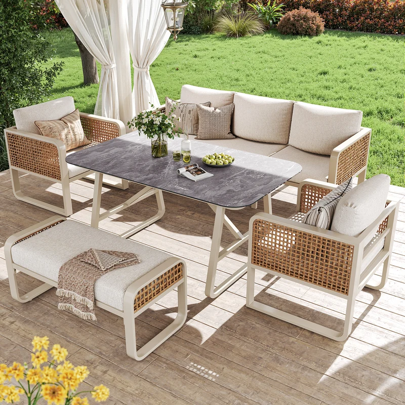 Salon de jardin 6-7 personnes en rotin PE beige modulable et table basse effet marbre gris avec coussins lavables INFINITEVAEL